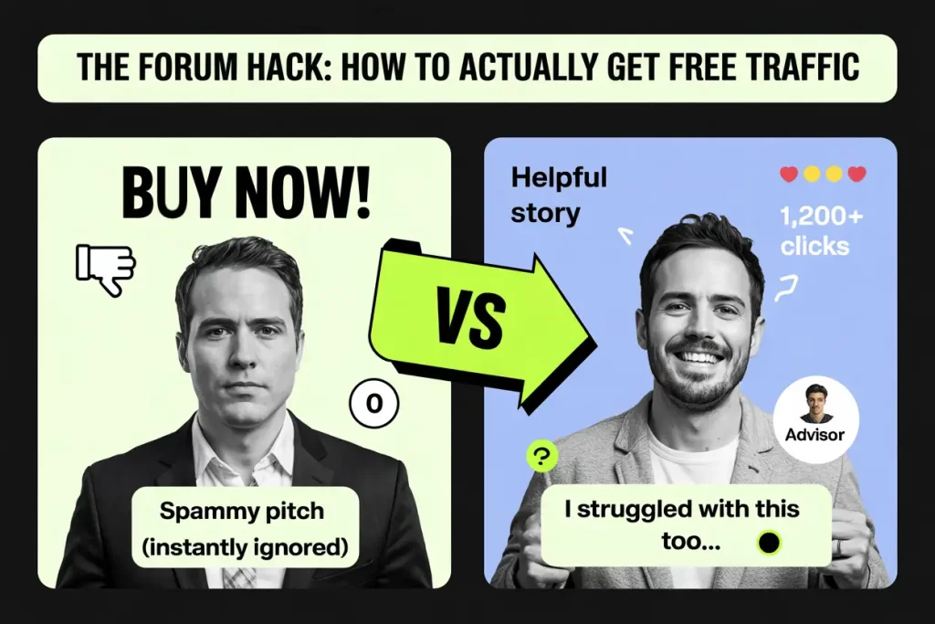 Split-screen:
Left: Boring corporate ad ("BUY NOW!") with 0 upvotes
Right: Helpful forum answer ("Here's what worked for me...") with 1.2k upvotes