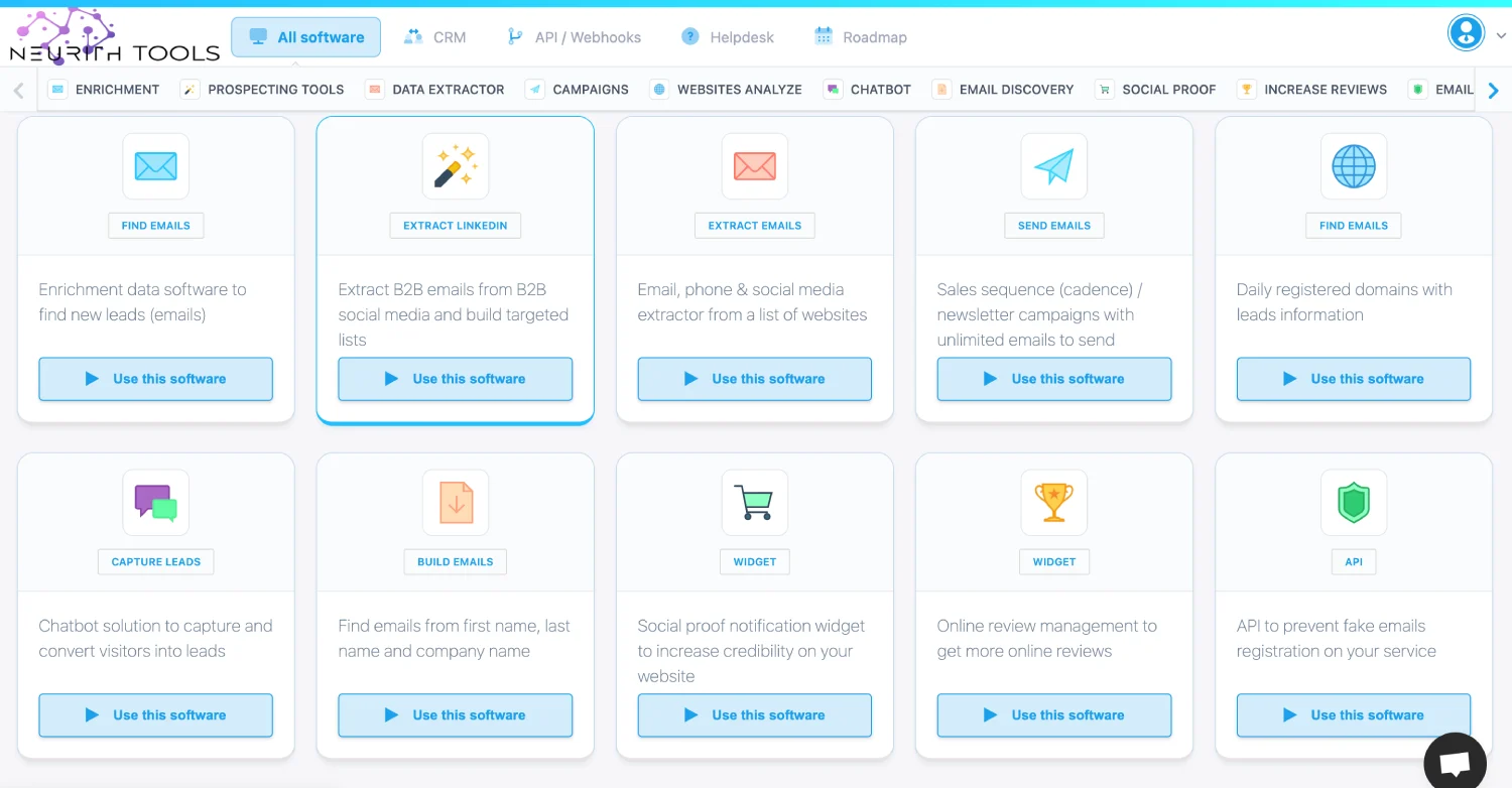 Neurith Tools Dashboard - shows all of the business marketing tools available