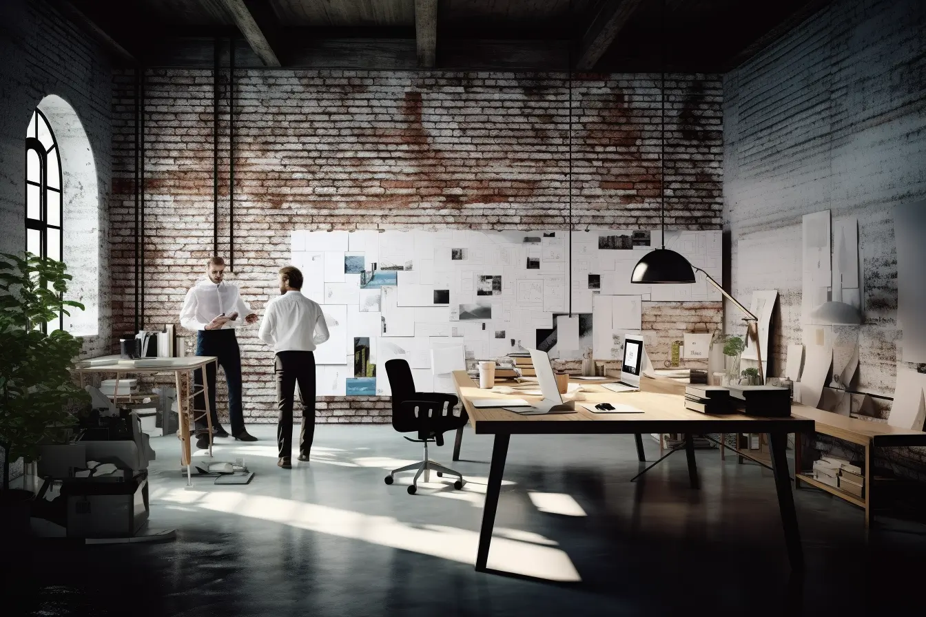 Two workers dressed smartly, standing up in a large office.