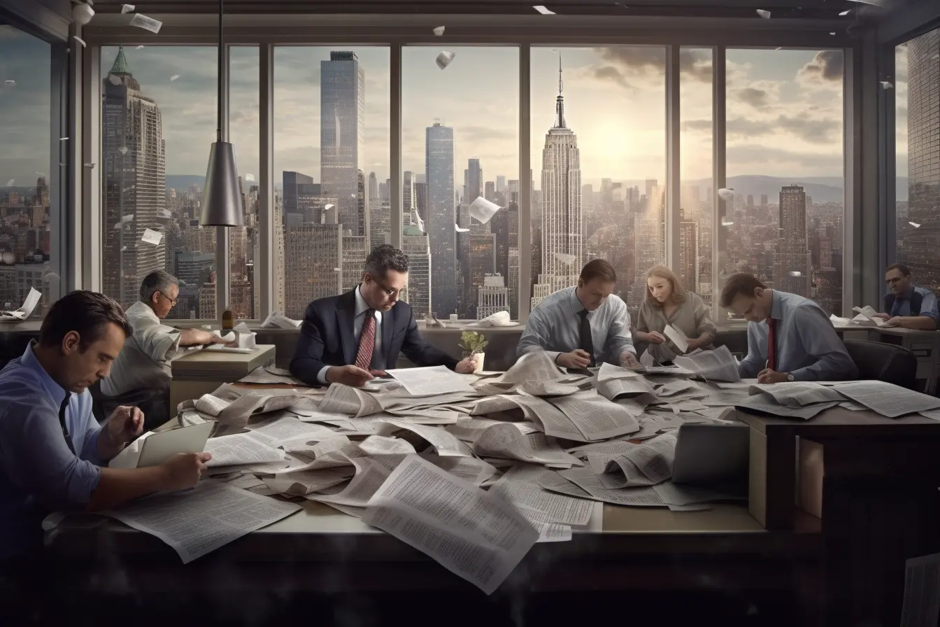 Office workers at a large desk covered in paperwork.