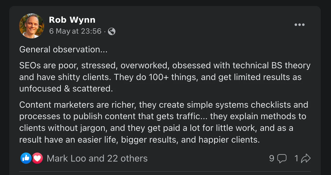 Rob Wynn comment on Facebook about SEO content marketing