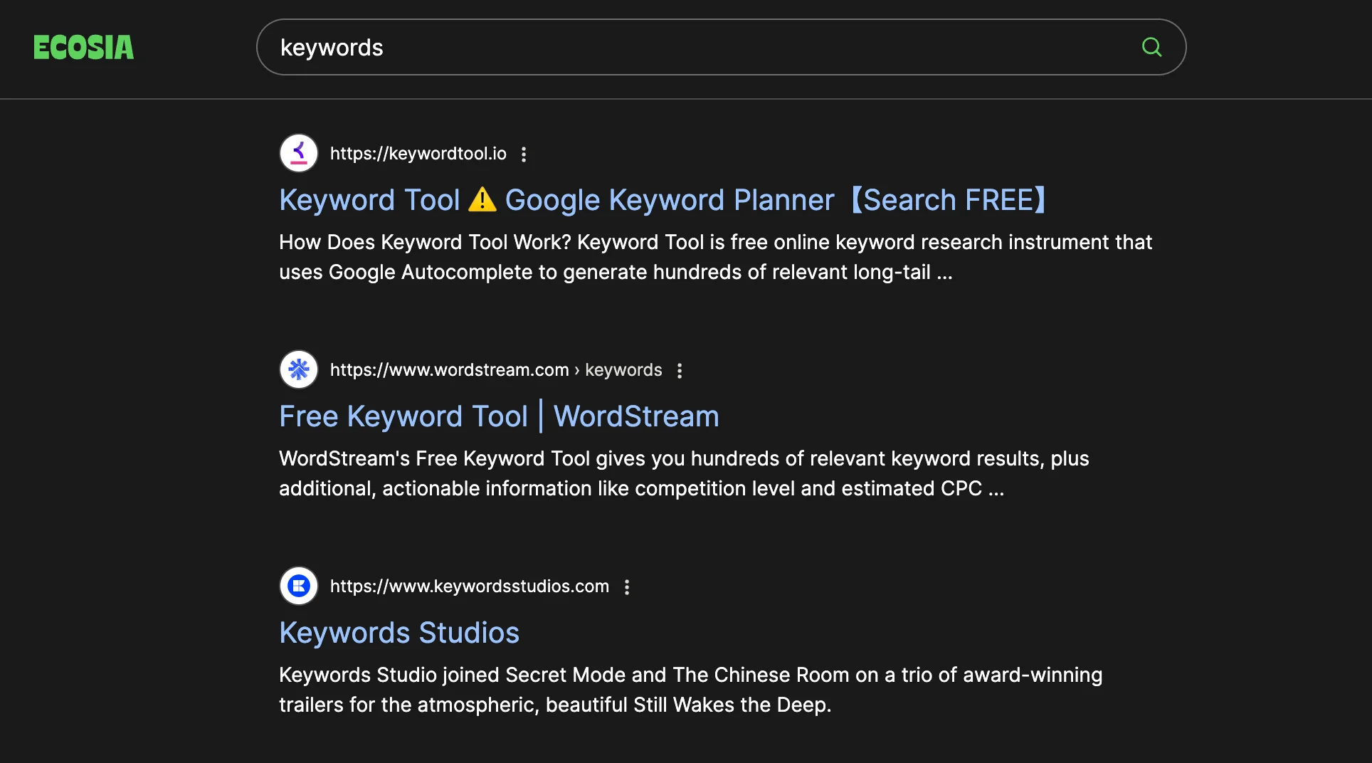 To help your headline strategy you must use the best keywords. This image shows a 'Keywords' search on SERP Ecosia.org