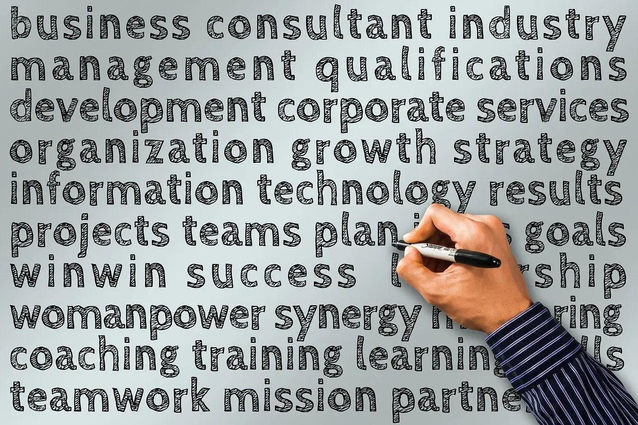 Writing business keywords on a whiteboard