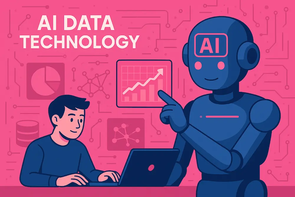 A cartoon man using AI on his laptop. Next to the laptop is an AI robot twice the size of the man giving the man instructions