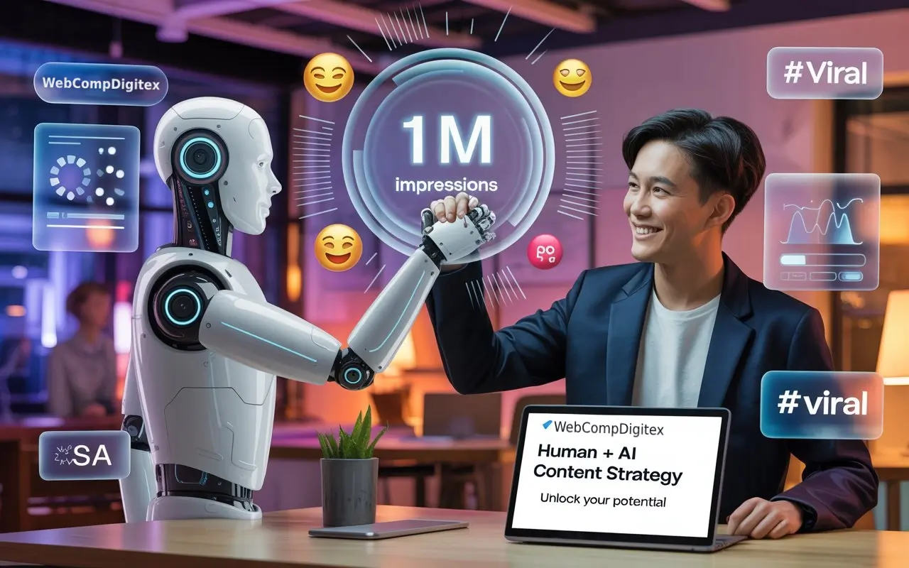 AI robot + human man high-fiving, showing their content marketing strategy partnership