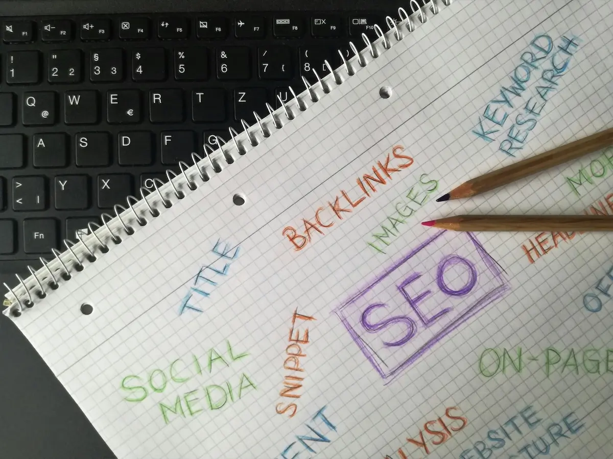 Backlinks, SEO, Title, and more words writte in colourful pencil on a notepad