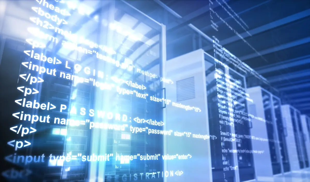Image of servers and code signifying your data lives on company-owned servers