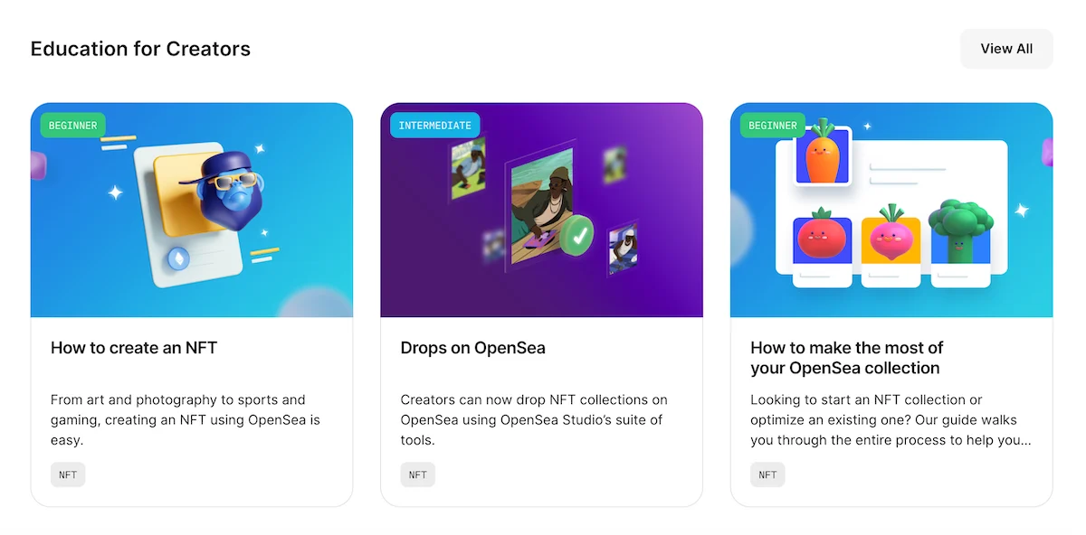 'Education for Creators' section on the OpenSea site