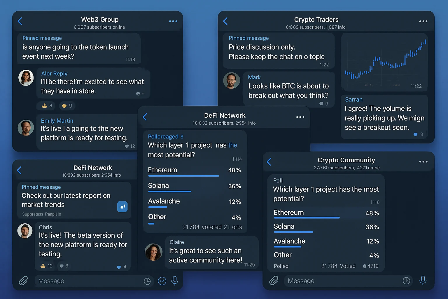 Different Telegram groups with active discussions, price charts, and community polls