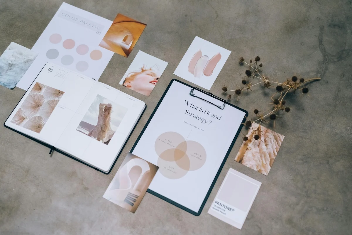 9 sheets of different sizes. One A4 sheet has the words 'What is Brand Strategy?'