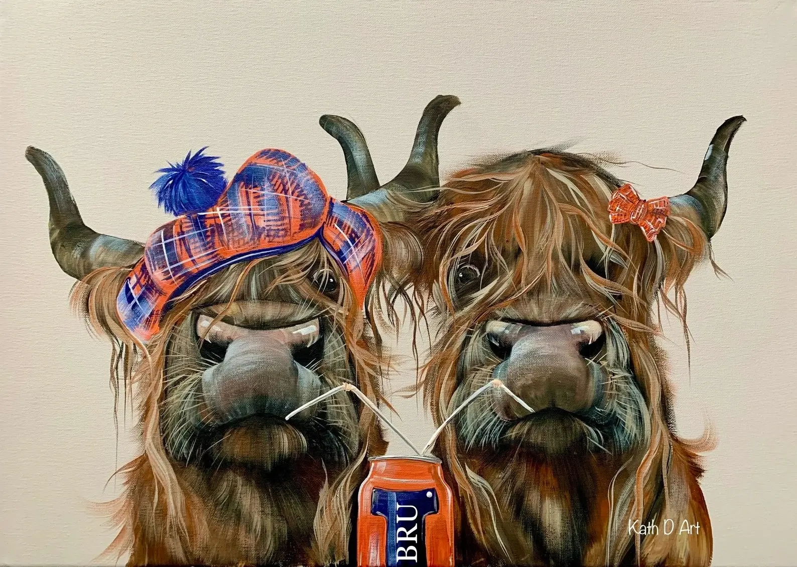 Amusing detailed sketch of two bulls drinking Iron Bru by Kath D Art