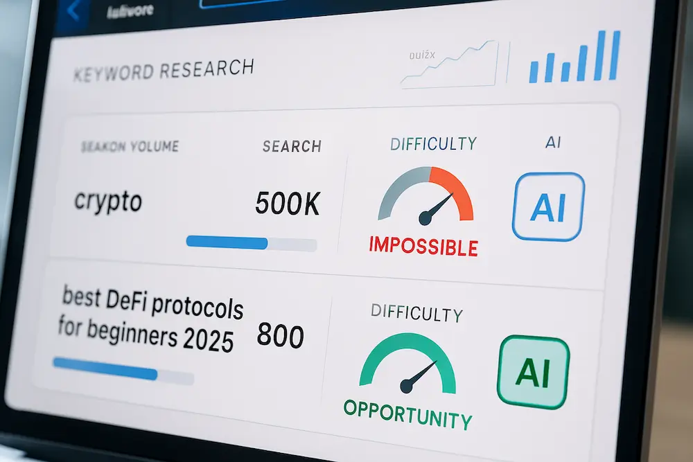 Computer screen showing keyword research results with Web3 crypto terms. Created on Perplexity