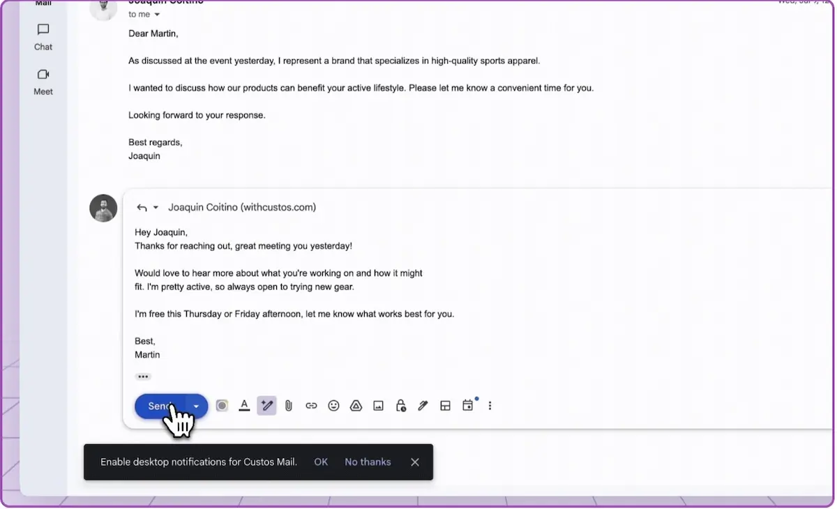 Custos' AI email reply used on Gmail
