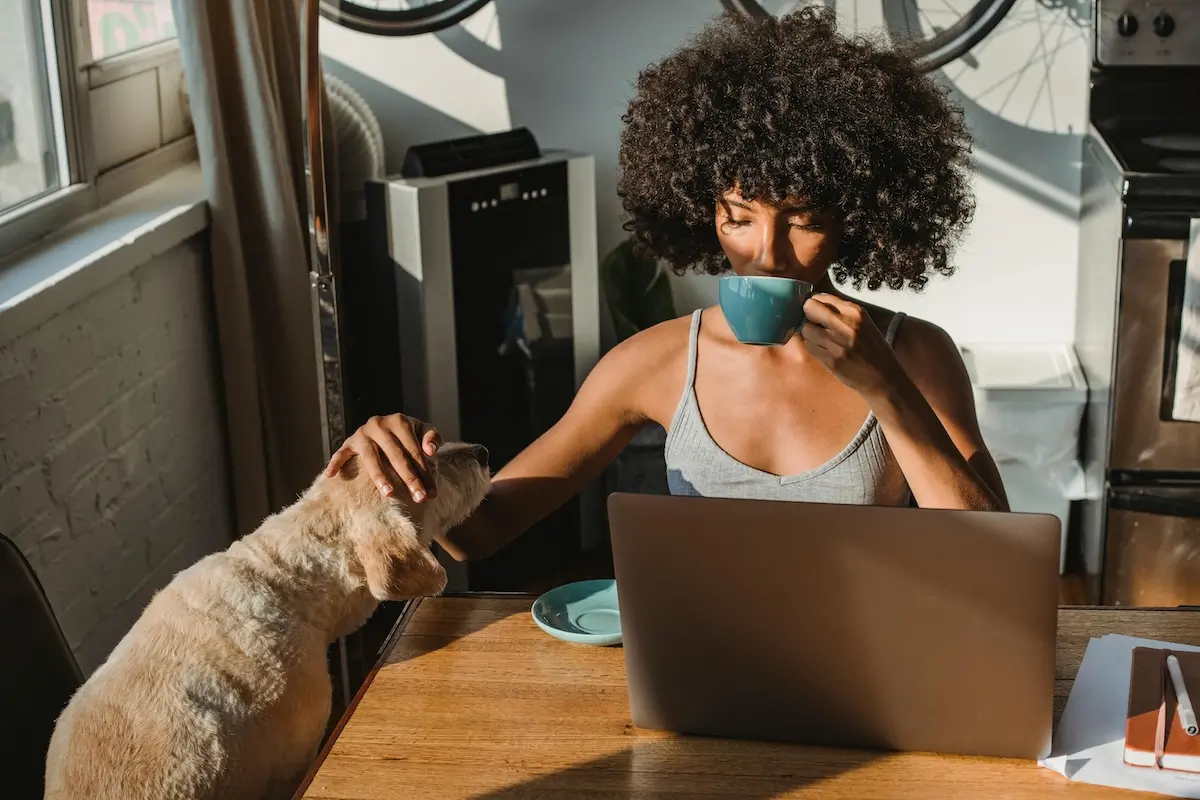 Female home working on outbound marketing in front of her laptop, drinking from an aqua cup and stroking her dog