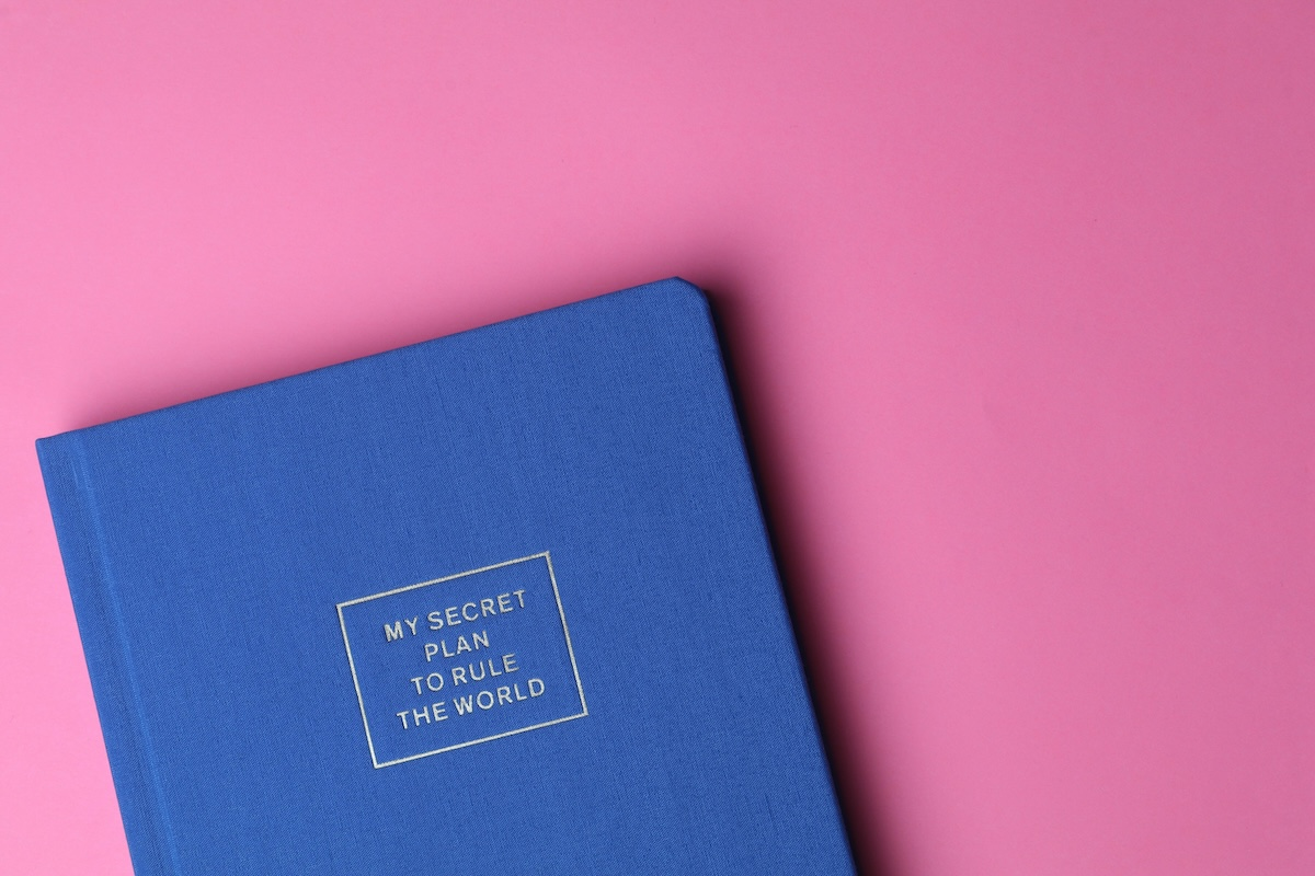 A blue notebook on a pink background. The words on the notebook 'My secret plan to rule the world'.