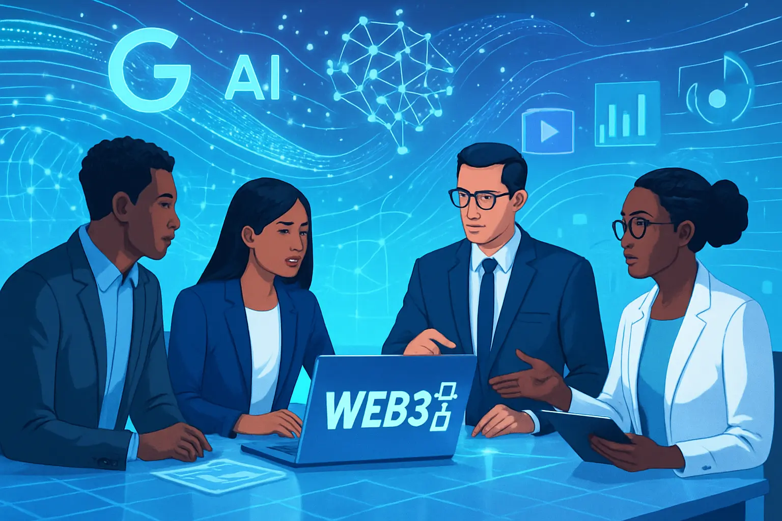 4 work colleagues around a laptop optimising their Web3 business for Google AI Mode. Created on ChatGPT