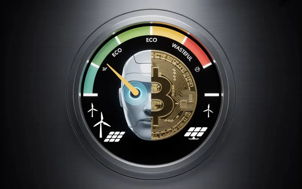 The dial is in the green of a power meter signifying sustainable energy. Half is a robot’s head symbolising AI, the other half is a Bitcoin symbol. Created on Ideogram. ai