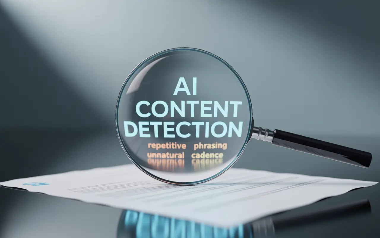 A magnifying glass over a sheet of paper detecting AI content. Created on Ideogram. ai