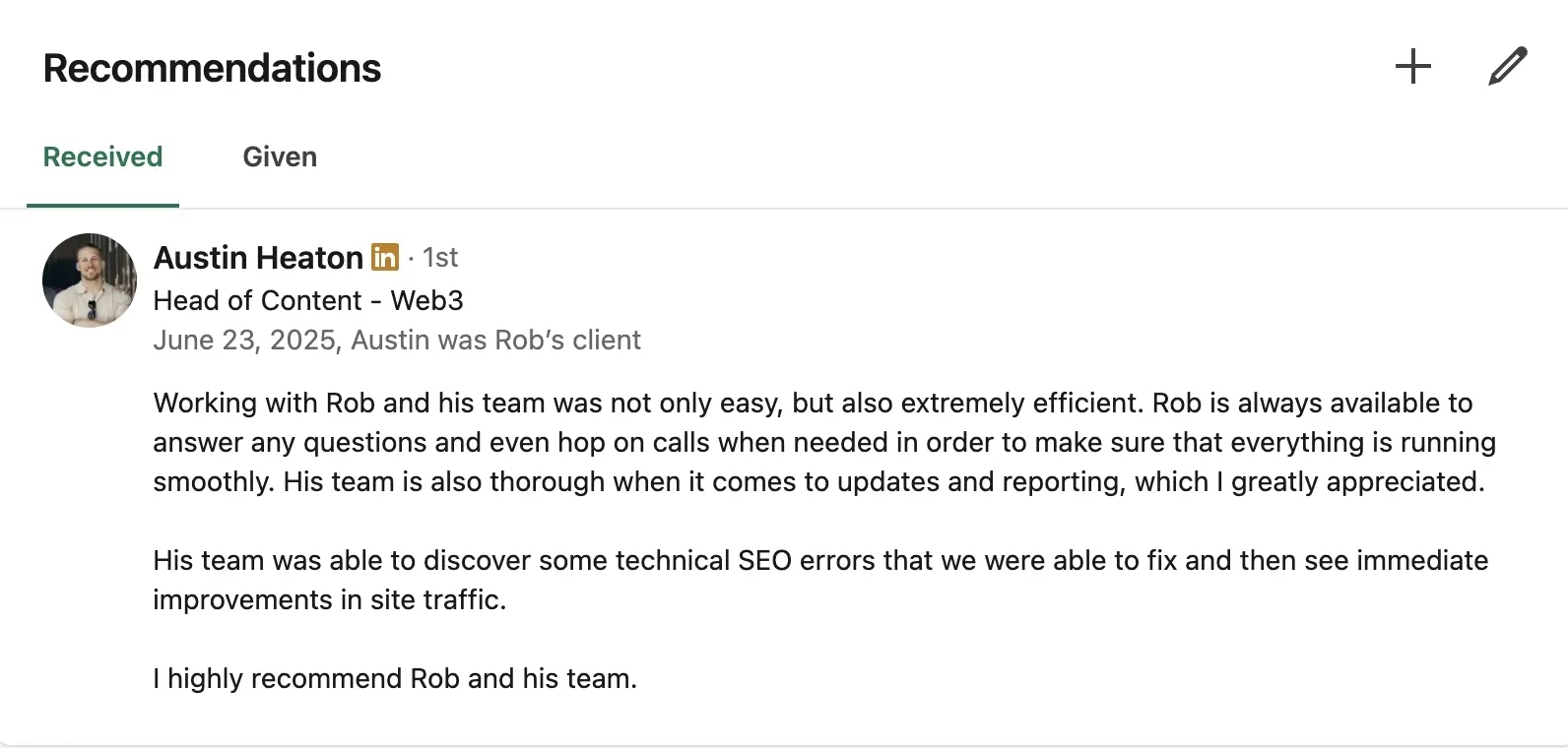 Austin Heaton, Head of Content at Rise, Recommendation of Rob Wynn and his marketing agency InflucJuice