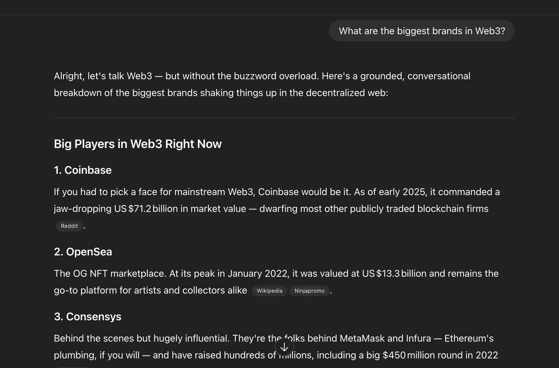 ChatGPT AI response to the question 'What are the biggest brands in Web3?'