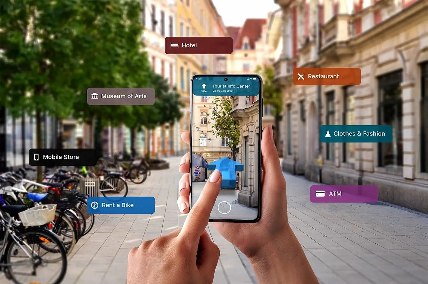 Hands holding a smartphone with an augmented reality navigation app