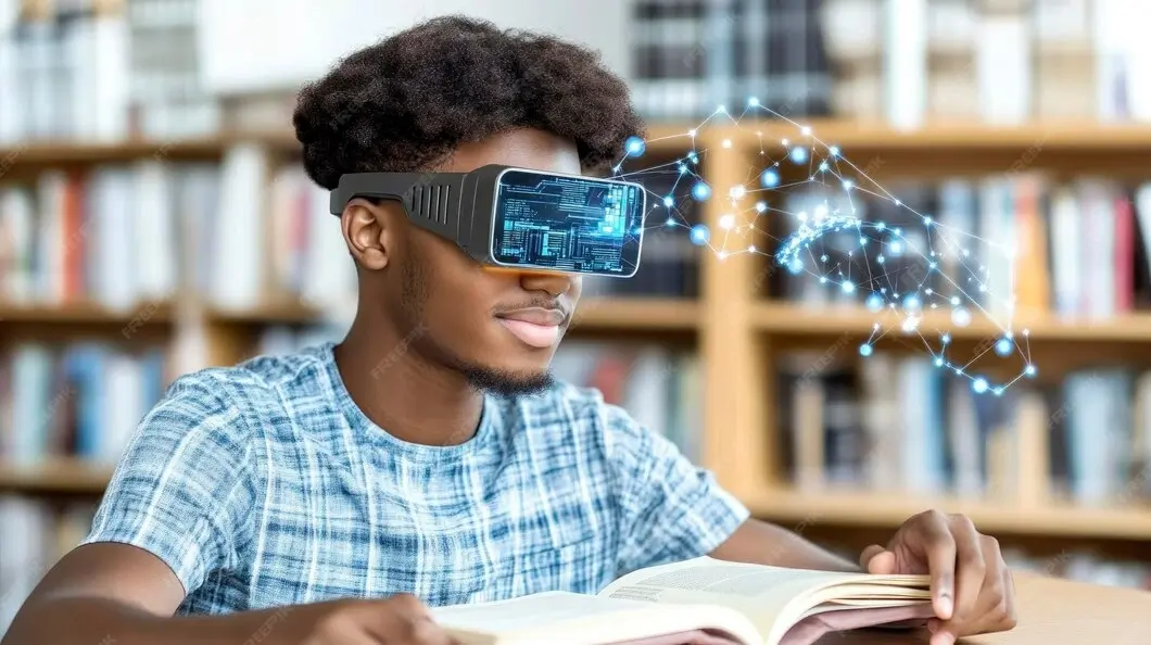 Teenager wearing an AI powered augmented reality headset