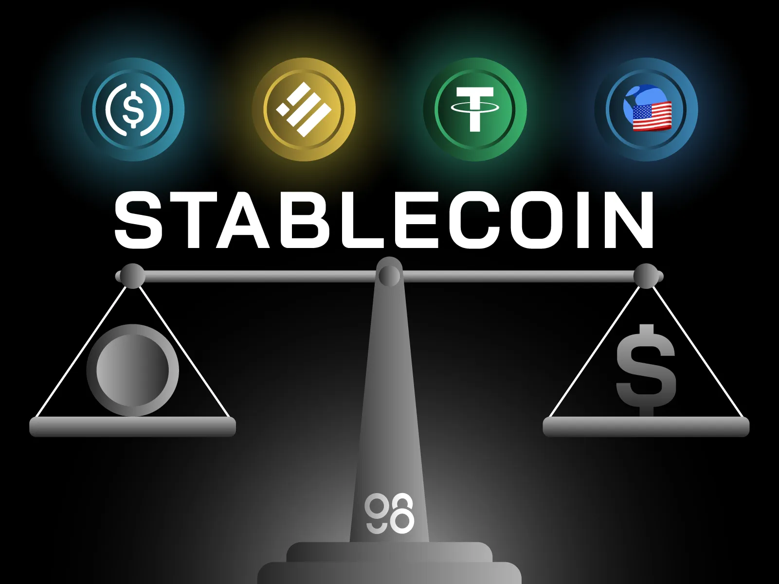 A balance scale with the word Stablecoin above its  beam. Above this are 4 stablecoins.
