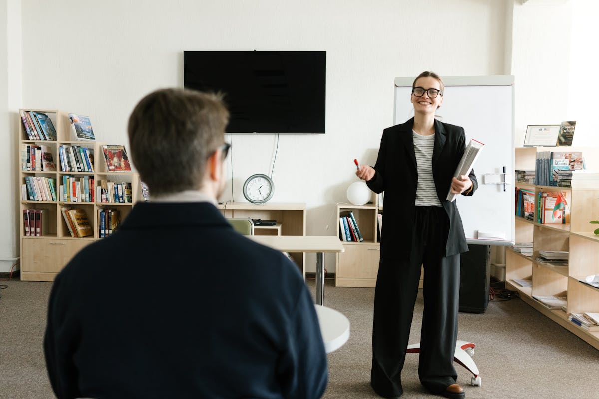 A lady explaining blockchain to a man