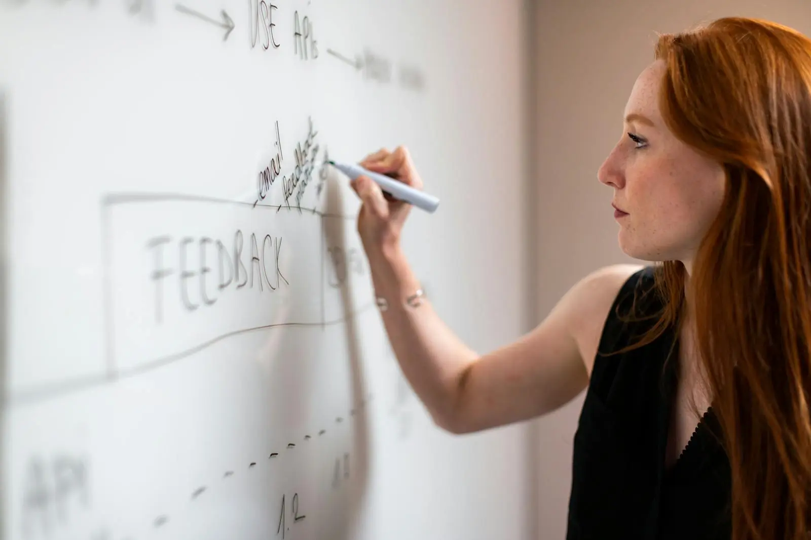 Woman In Black Sleeveless Top Writing On Whiteboard by ThisIsEngineering on pexel.com
