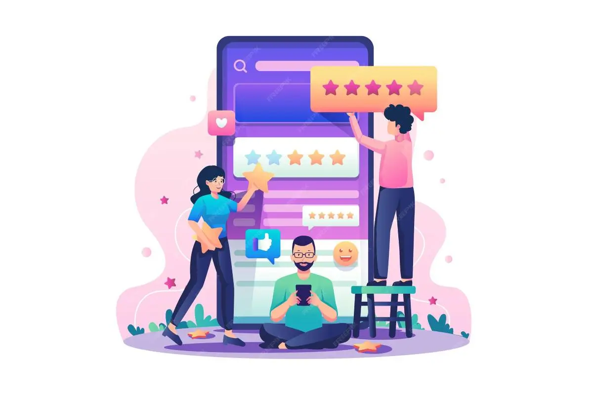 3 animated people around a large smartphone screen with customer reviews on it
