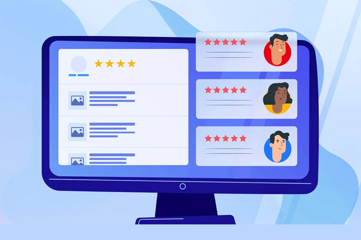 A animated computer screen with 3 reviews showing 5 stars