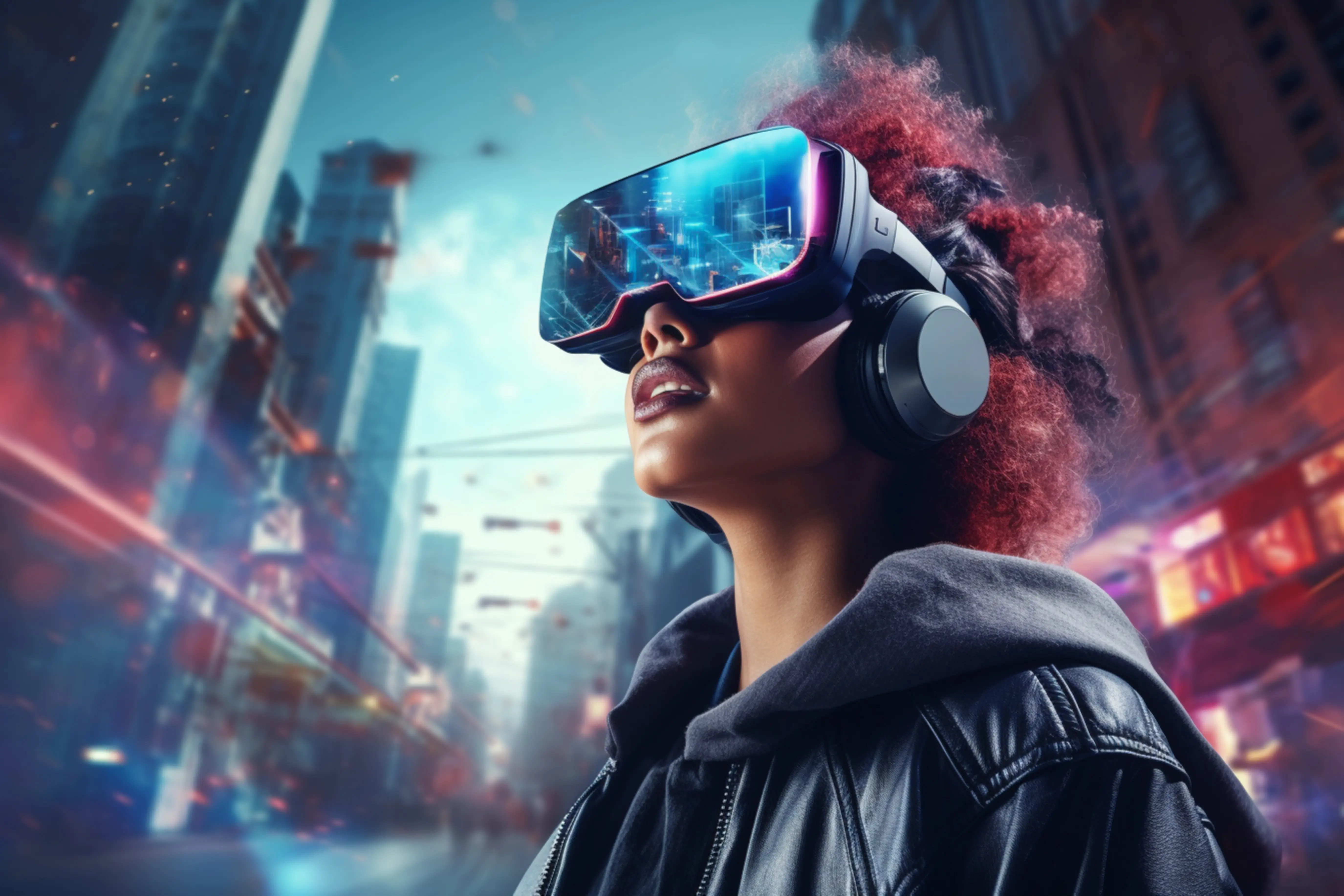 woman wearing VR glasses in a futuristic cityscape