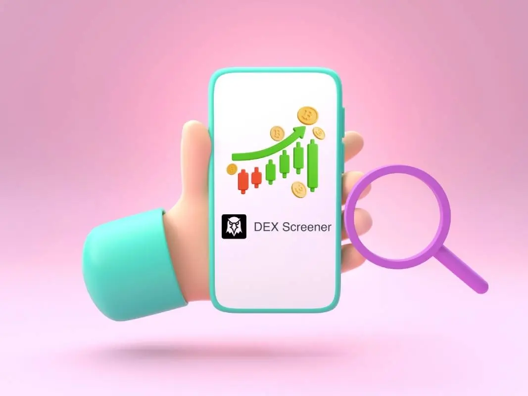 3D illustration of a smartphone displaying DEX Screener app