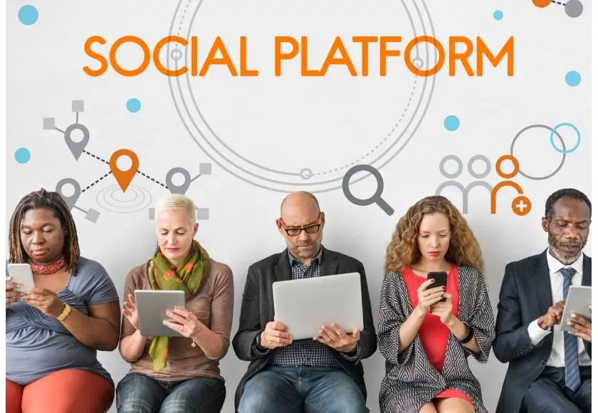 5 seated people using a social platform on tech