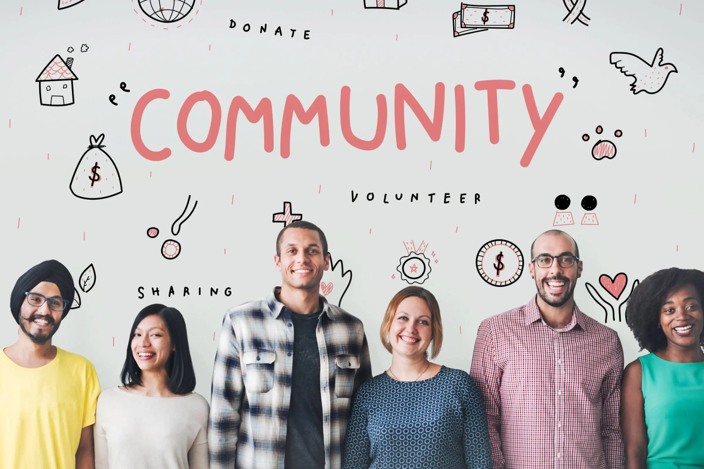 6 people in front of a Community background