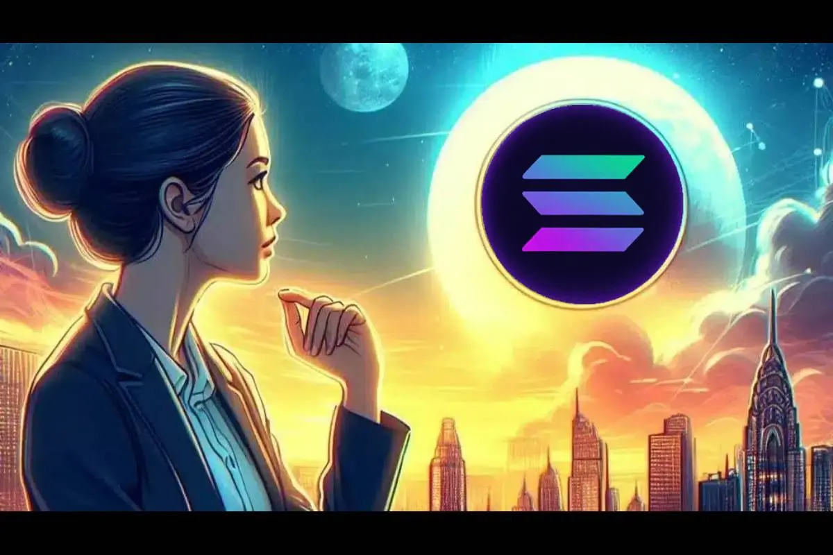 Female looking at a Solana coin in the sky