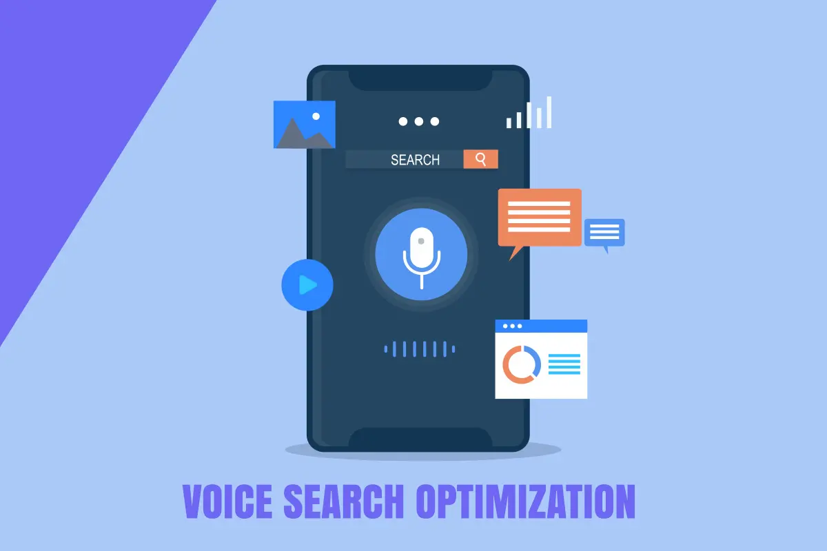 Illustration of voice search optimization featuring a smartphone with microphone icon surrounded by content type icons including video, images, text, and search results on a blue background