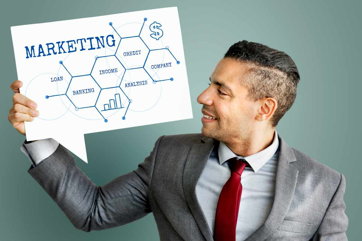 Businessman holding a placard with marketing concept