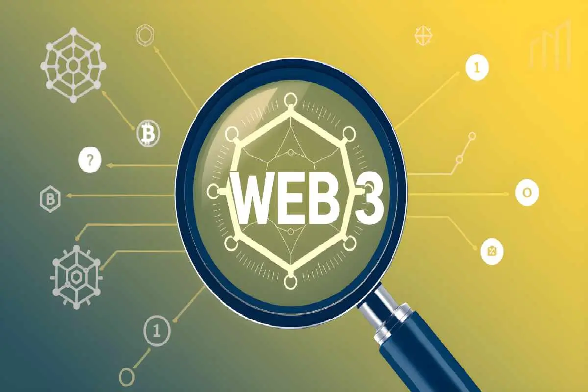 A magnifying glass that examines blockchain and Web3 marketing