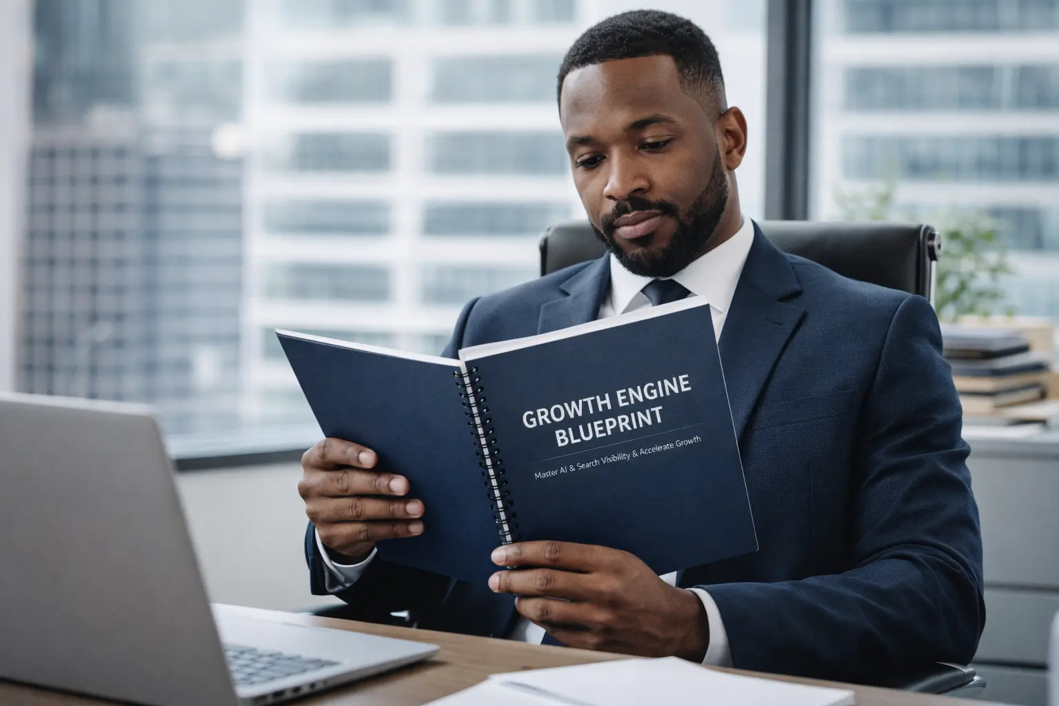 A business man in a suit reading the Growth Engine Blueprint