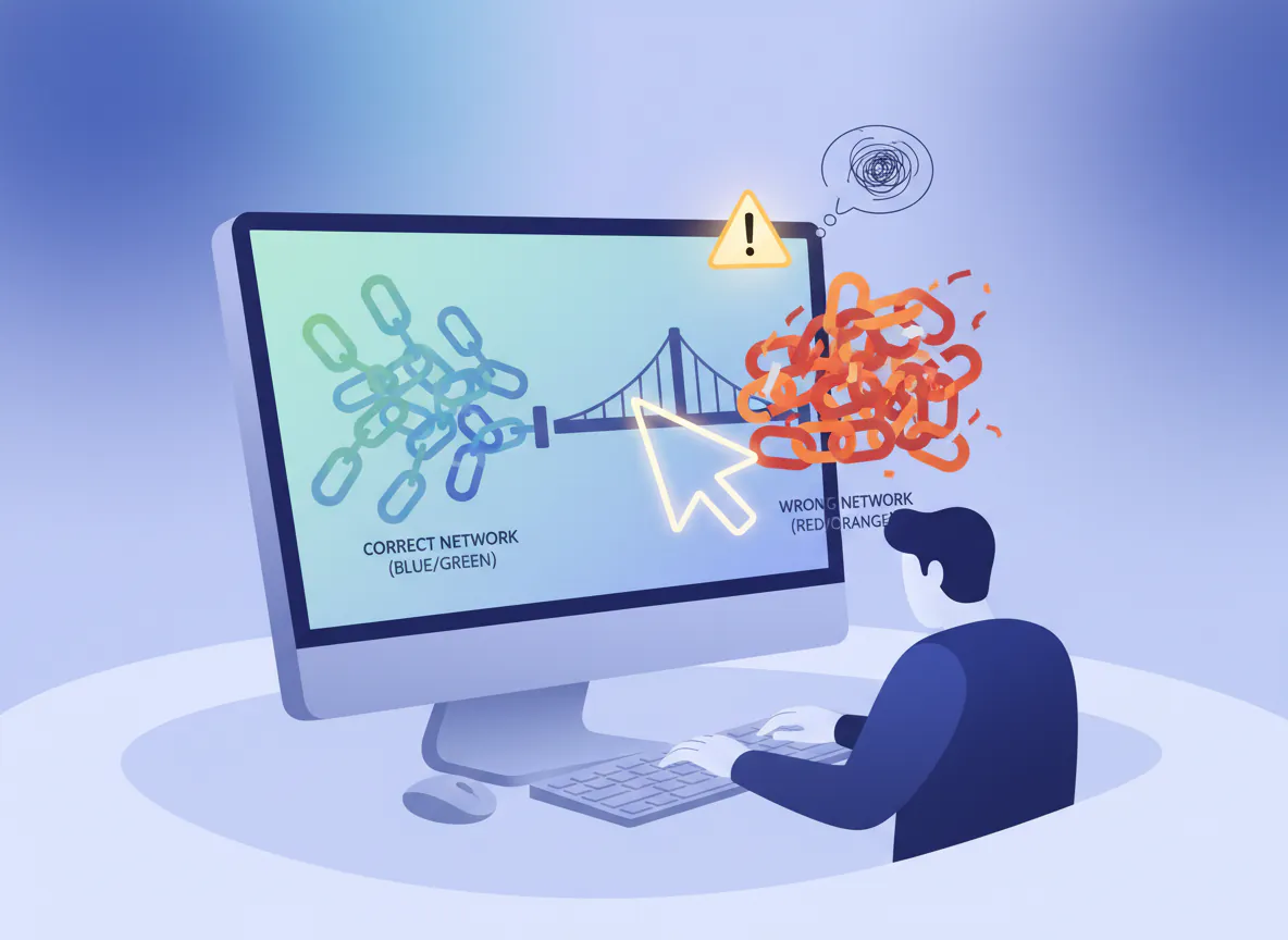 Team member at computer navigating cross-chain payment interface, with bridge connecting two blockchain networks. One side shows organized, correctly linked chains in blue and green representing the correct network, while the other side displays tangled and broken chains in red and orange representing the wrong network destination. Arrow pointing toward the incorrect network illustrates the common mistake of sending cryptocurrency to the wrong blockchain.