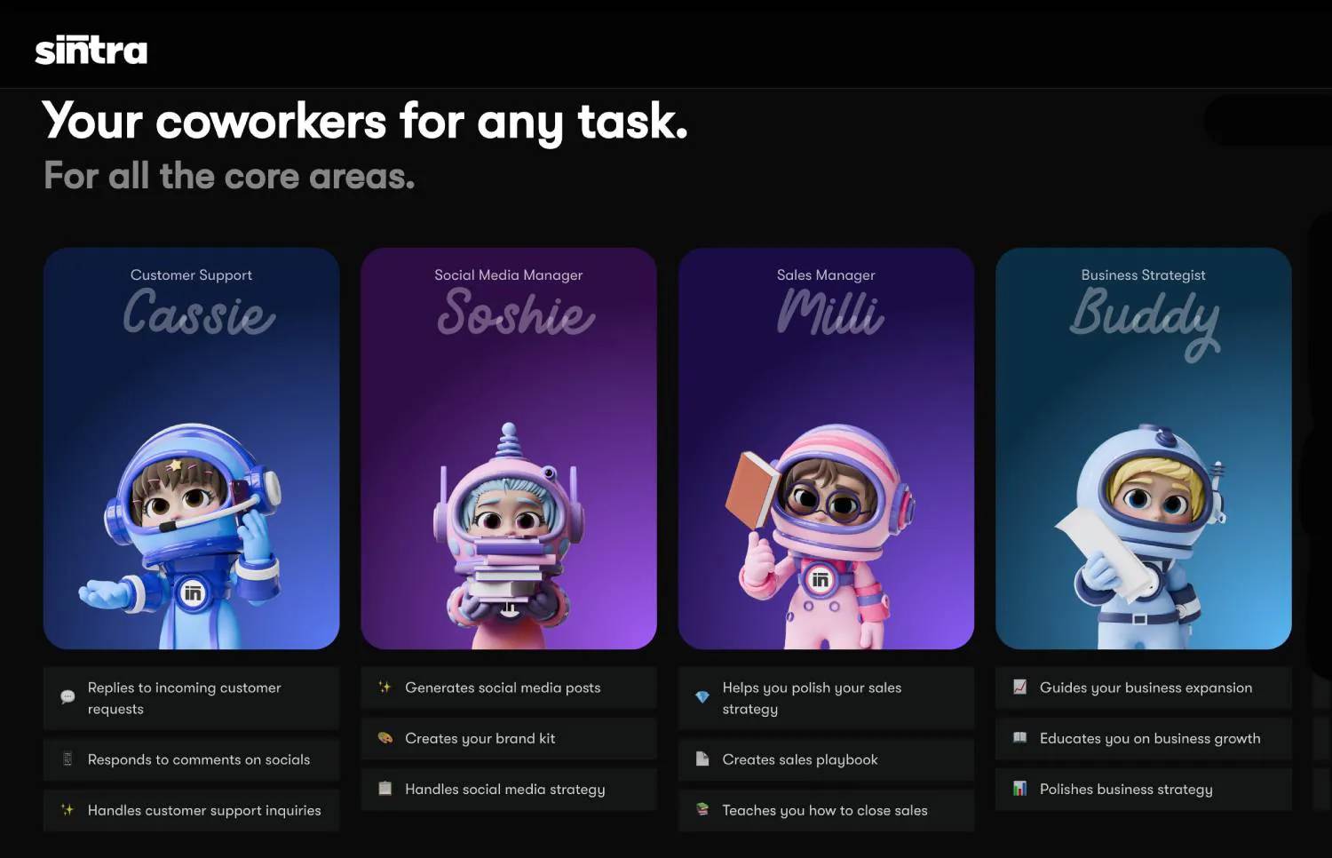 Sintra homepage - Your AI Agent coworkers for any task