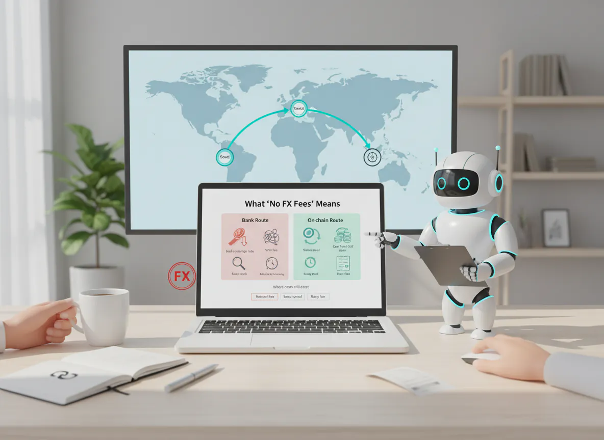 A friendly white robot with soft blue lights holds a clipboard and points at the clear receipt icon.