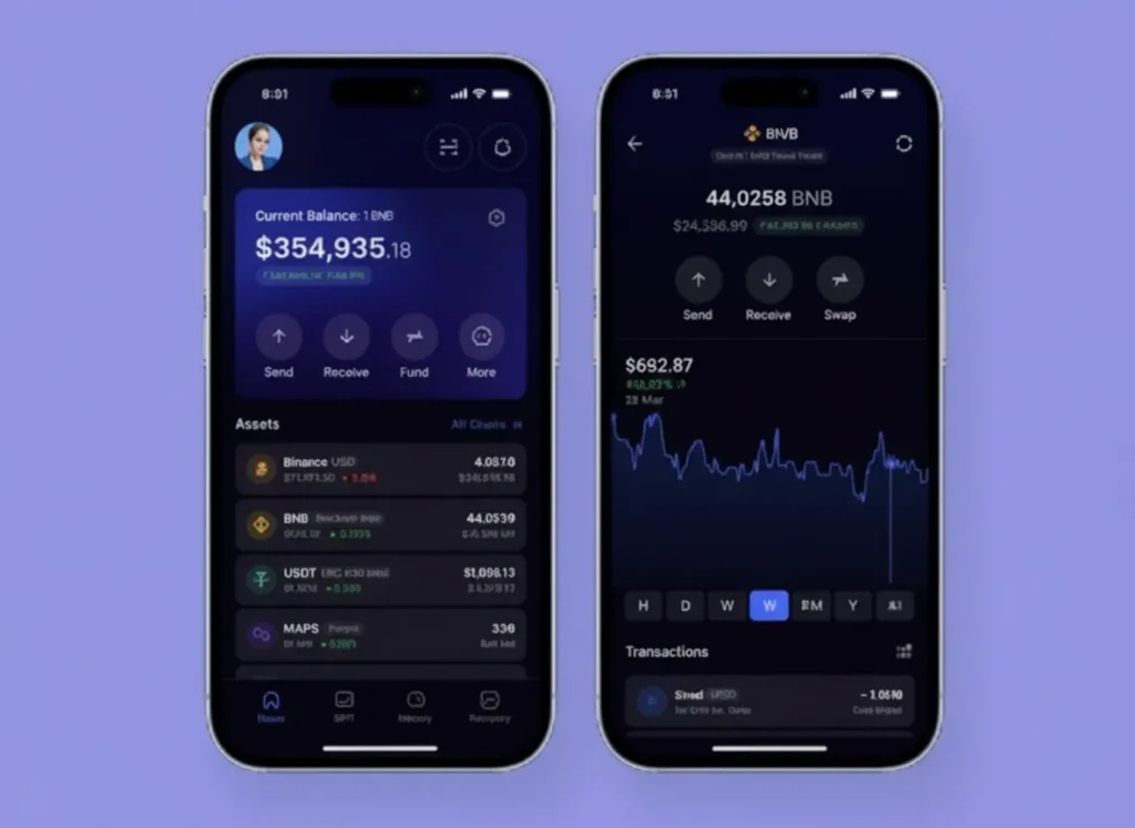 A clean, modern Web3 wallet interface shown on two smartphones