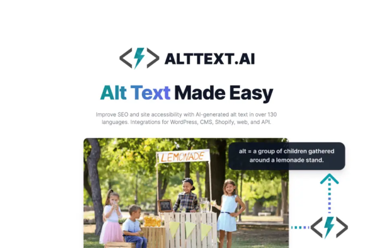Picture from AltText.ai showing A group of children gathered around a homemade lemonade stand outdoors.