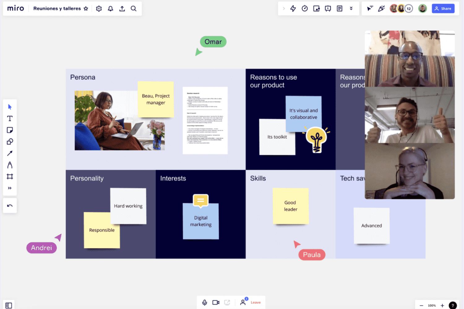 Board showing a Miro meeting happening