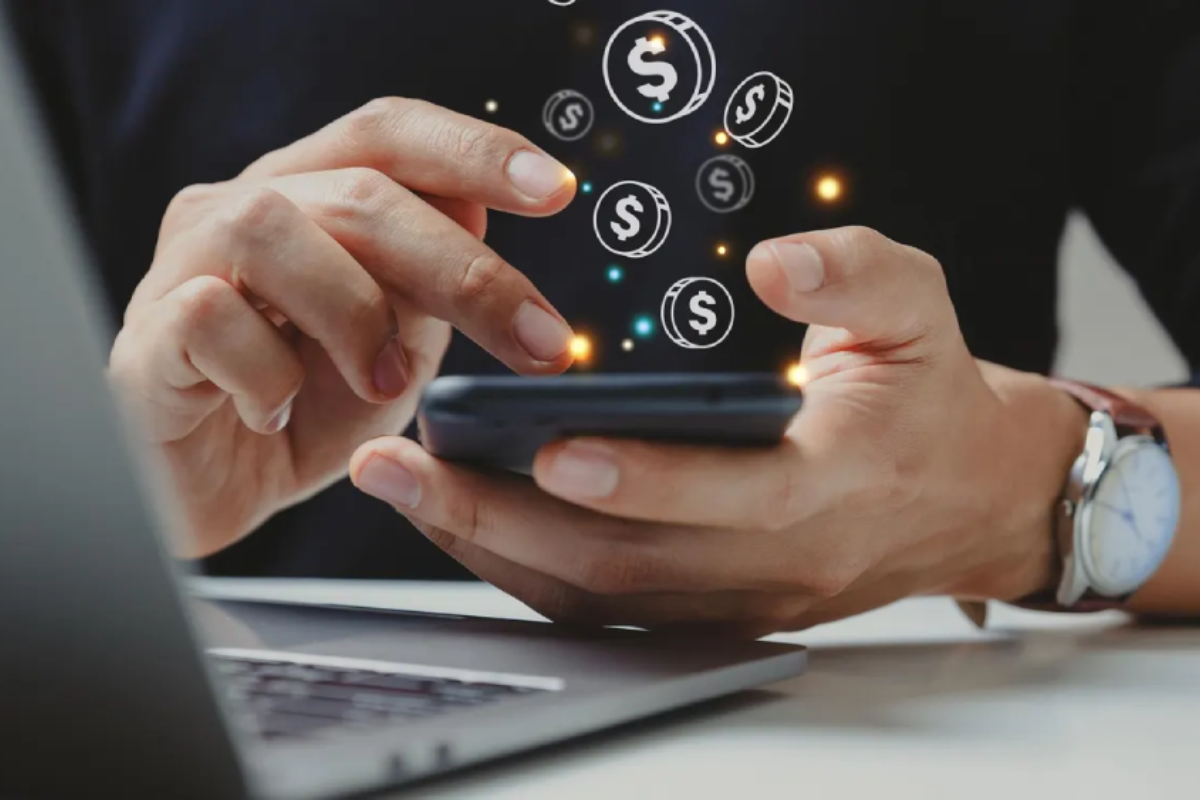 a person doing a stable coins transaction on the phone