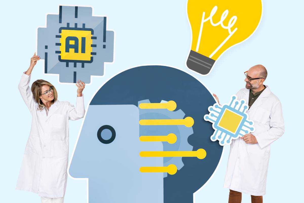 An image showing a woman holding AI logo standing next to a man