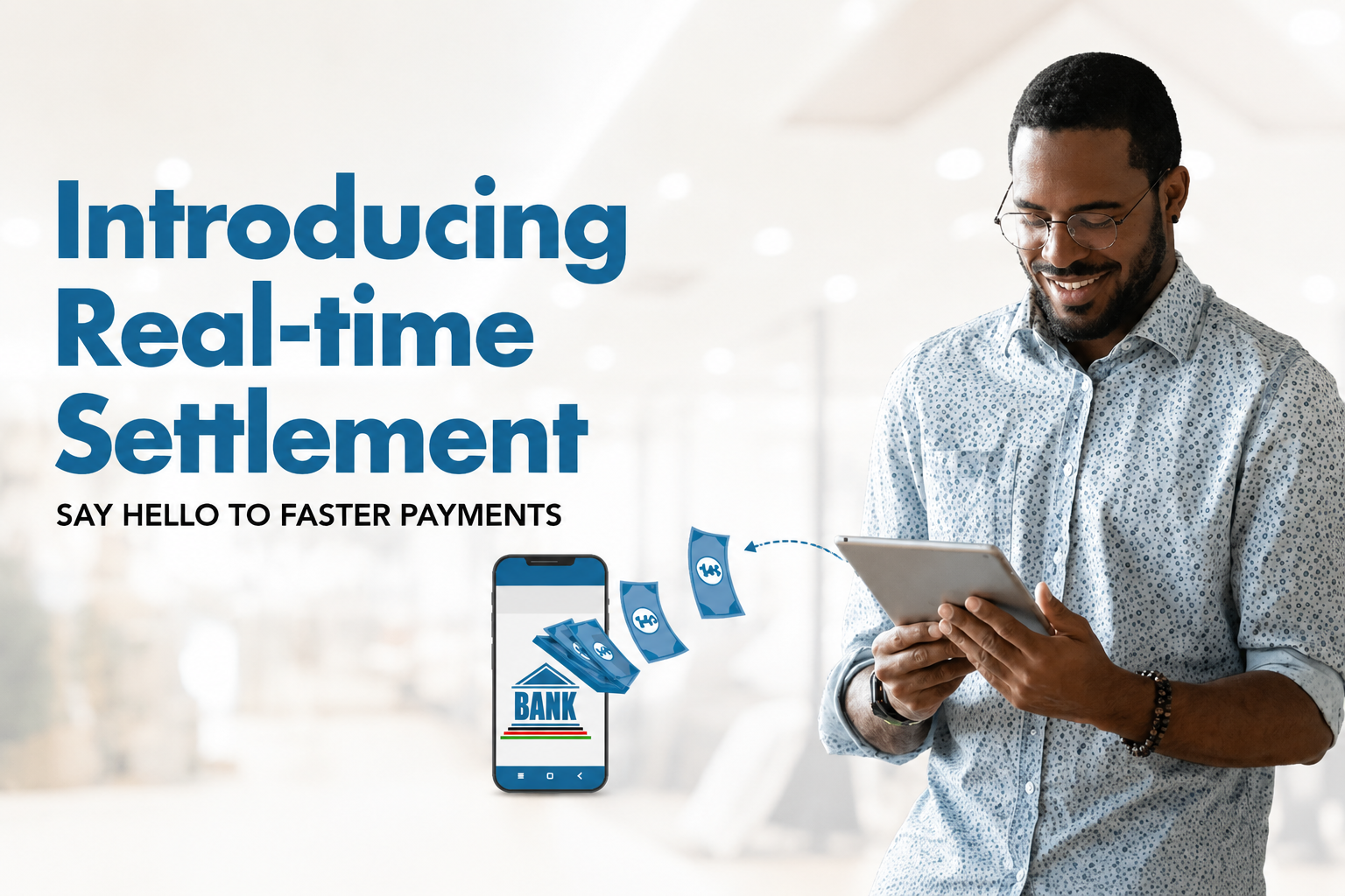 A professional fintech marketing banner promoting real-time payment settlement