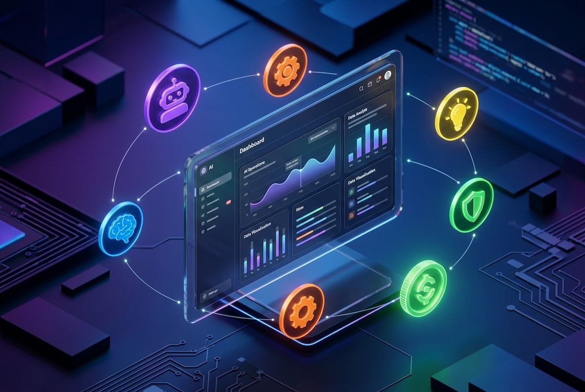 3D isometric render of a digital workspace dashboard. Floating around the central glass screen are several colorful, glowing 3D AI agent avatar icons connected by subtle light-trails.